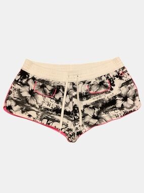OP Floral Beach Shorts XL Black White Pink Trim Tropical Y2K Surf